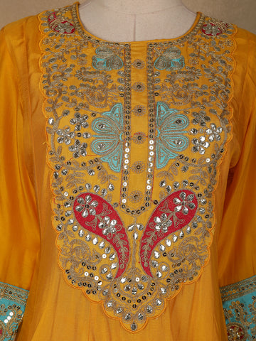 Yellow Floral And Paisley Embroidered Semi Silk Straight Cut Salwar Suit - Diadem