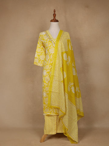Yellow Floral Design Printed Cotton Salwar Suit - Diadem