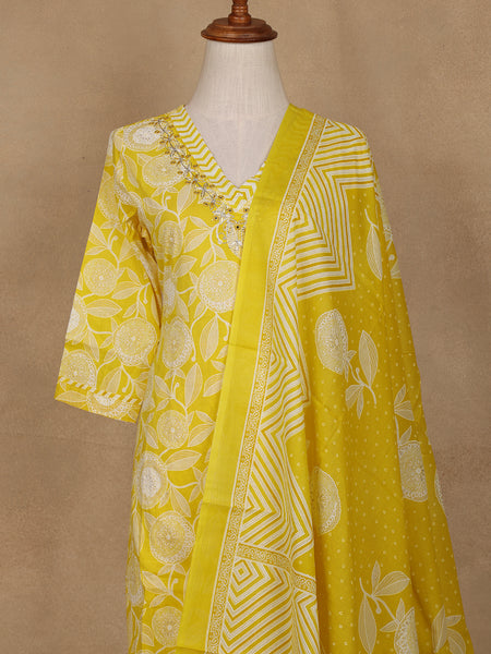 Yellow Floral Design Printed Cotton Salwar Suit - Diadem