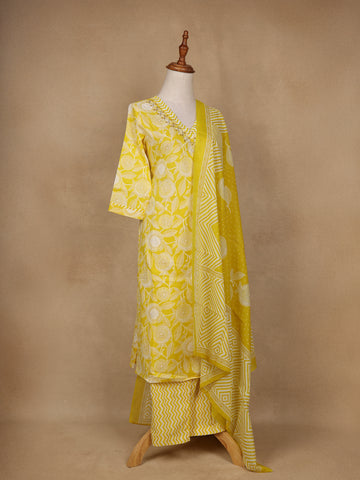Yellow Floral Design Printed Cotton Salwar Suit - Diadem