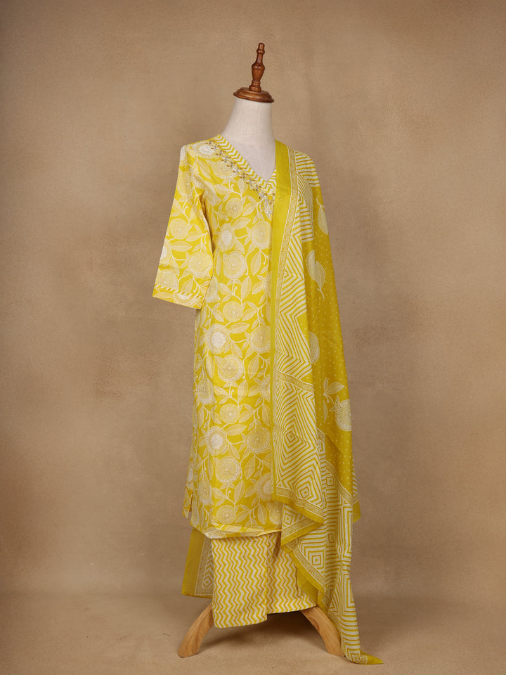 Yellow Floral Design Printed Cotton Salwar Suit - Diadem