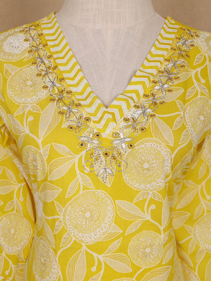 Yellow Floral Design Printed Cotton Salwar Suit - Diadem