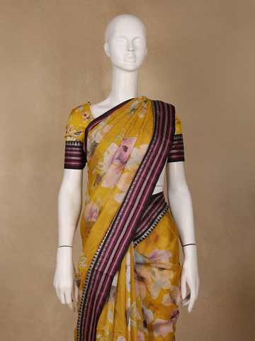 Yellow Floral Design Printed Kota Cotton Saree - Diadem