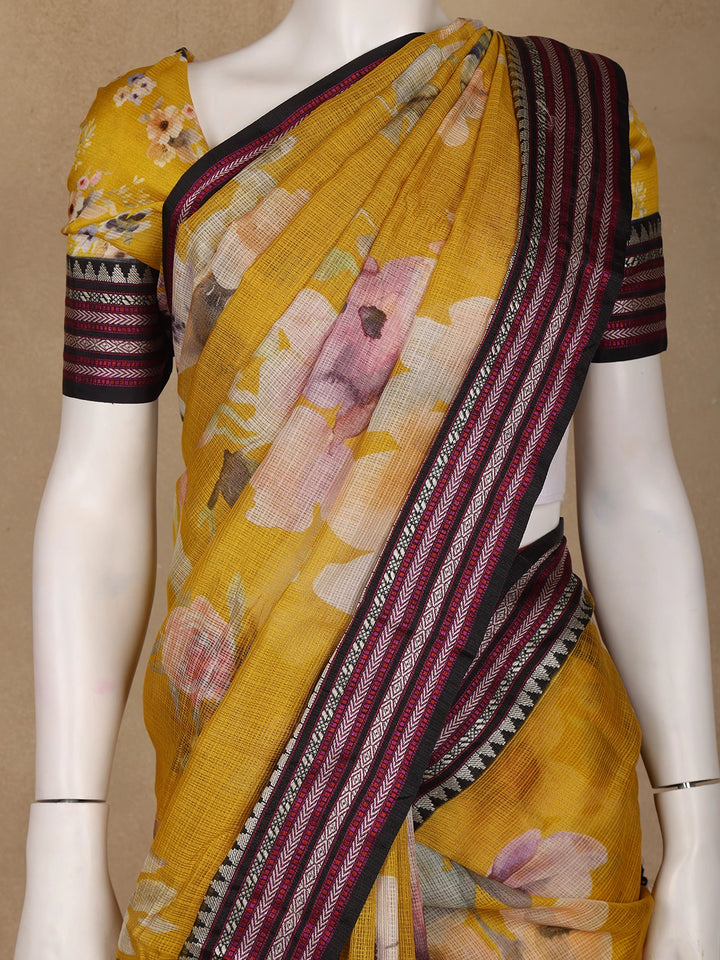 Yellow Floral Design Printed Kota Cotton Saree - Diadem