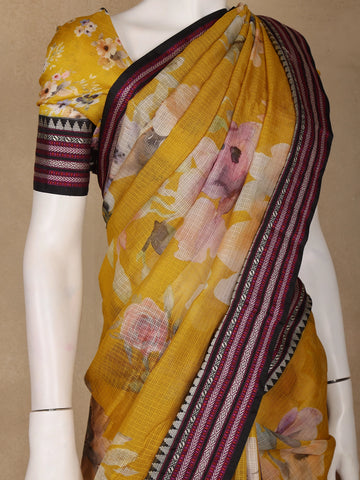 Yellow Floral Design Printed Kota Cotton Saree - Diadem