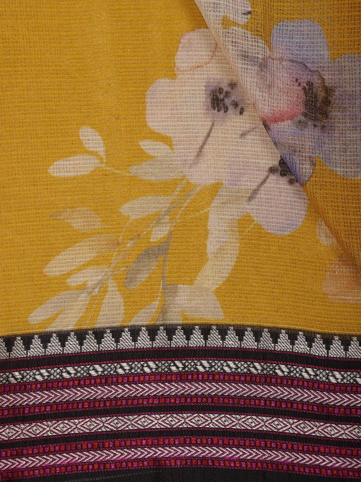Yellow Floral Design Printed Kota Cotton Saree - Diadem