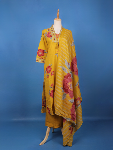 Yellow Floral Design Printed Cotton Salwar Suit - Diadem