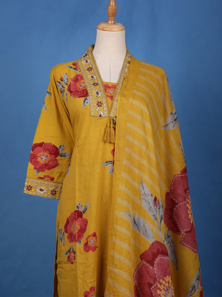 Yellow Floral Design Printed Cotton Salwar Suit - Diadem