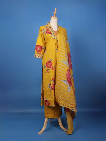 Yellow Floral Design Printed Cotton Salwar Suit - Diadem