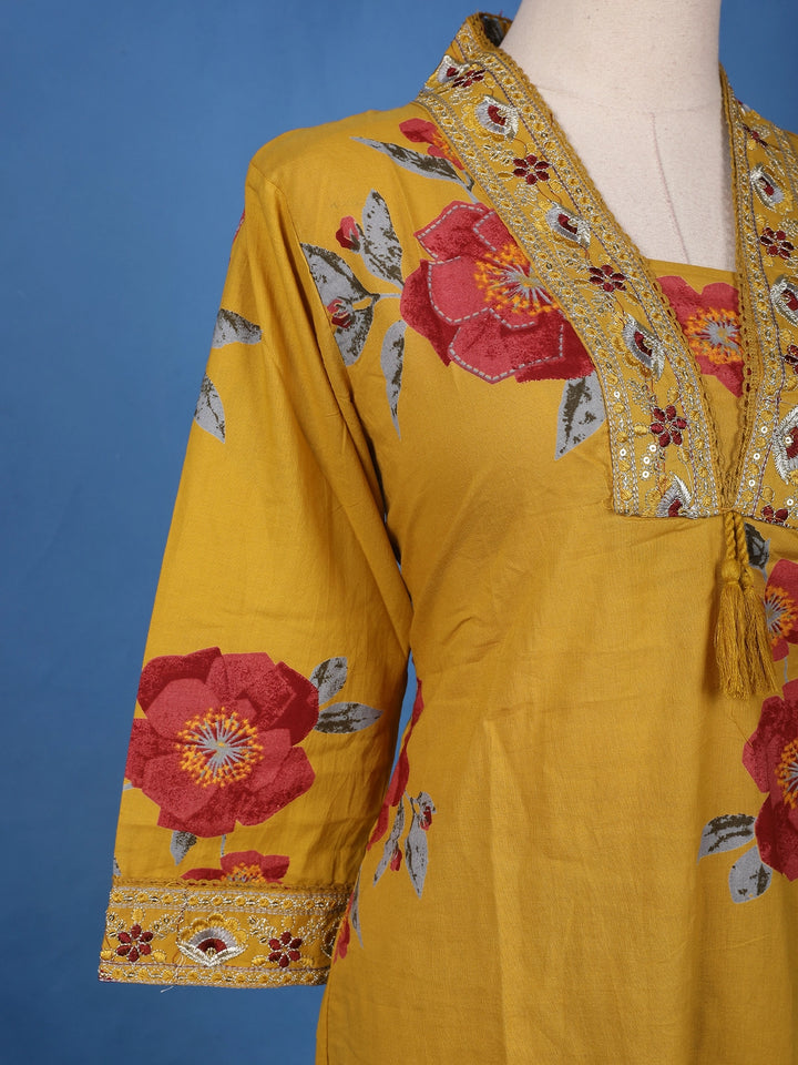 Yellow Floral Design Printed Cotton Salwar Suit - Diadem