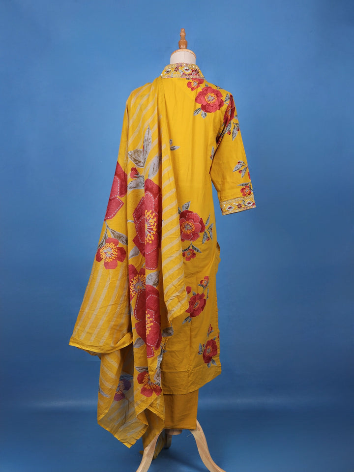 Yellow Floral Design Printed Cotton Salwar Suit - Diadem
