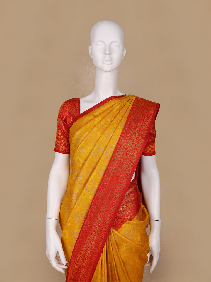 Yellow Floral Designed Semi Silk Saree - Diadem