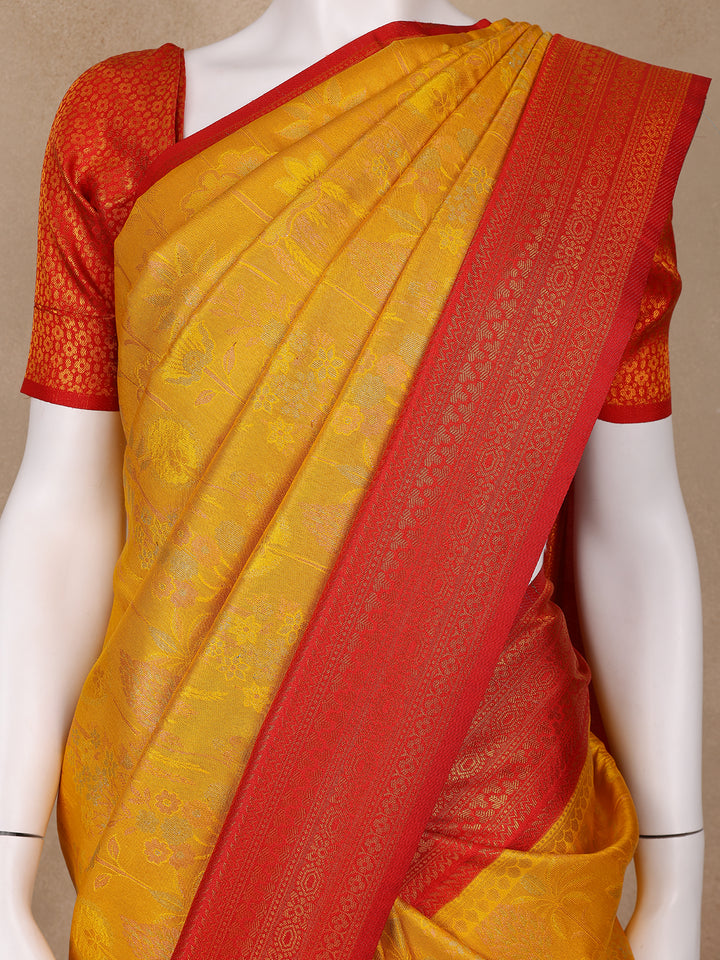 Yellow Floral Designed Semi Silk Saree - Diadem