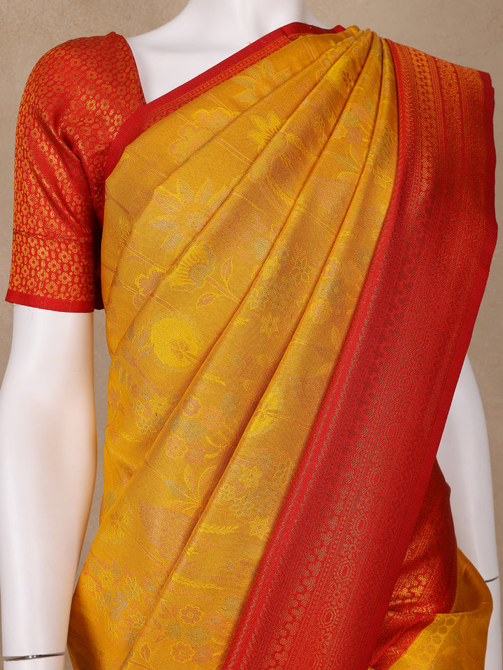 Yellow Floral Designed Semi Silk Saree - Diadem
