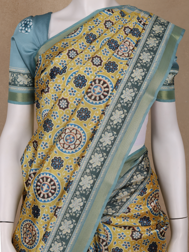 Yellow Floral Designed Semi Silk Saree - Diadem