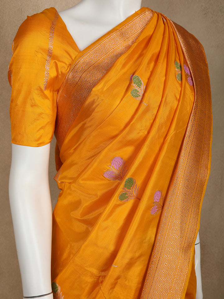 Yellow Floral Designed Banarasi Silk Saree - Diadem