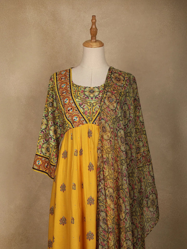 Yellow Floral Designed Cotton Rayon Anarkali Salwar Suit - Diadem