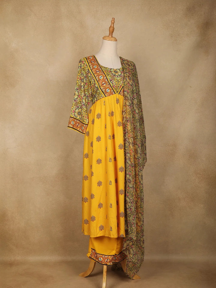 Yellow Floral Designed Cotton Rayon Anarkali Salwar Suit - Diadem