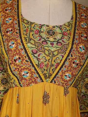 Yellow Floral Designed Cotton Rayon Anarkali Salwar Suit - Diadem