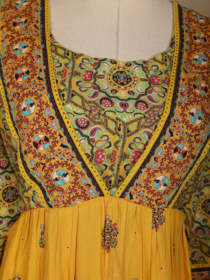 Yellow Floral Designed Cotton Rayon Anarkali Salwar Suit - Diadem