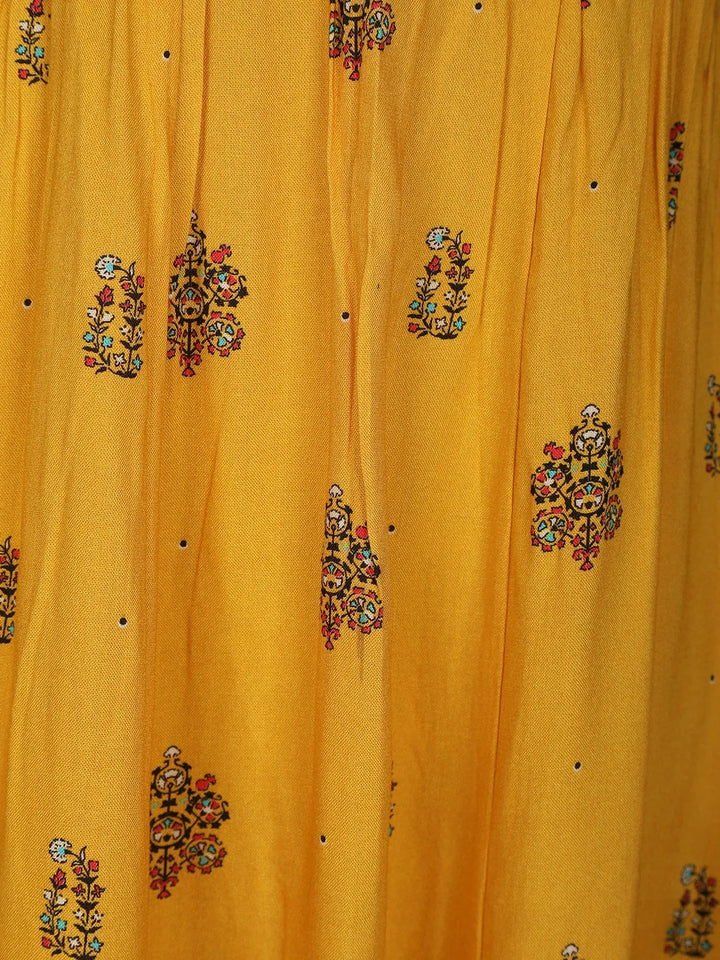 Yellow Floral Designed Cotton Rayon Anarkali Salwar Suit - Diadem