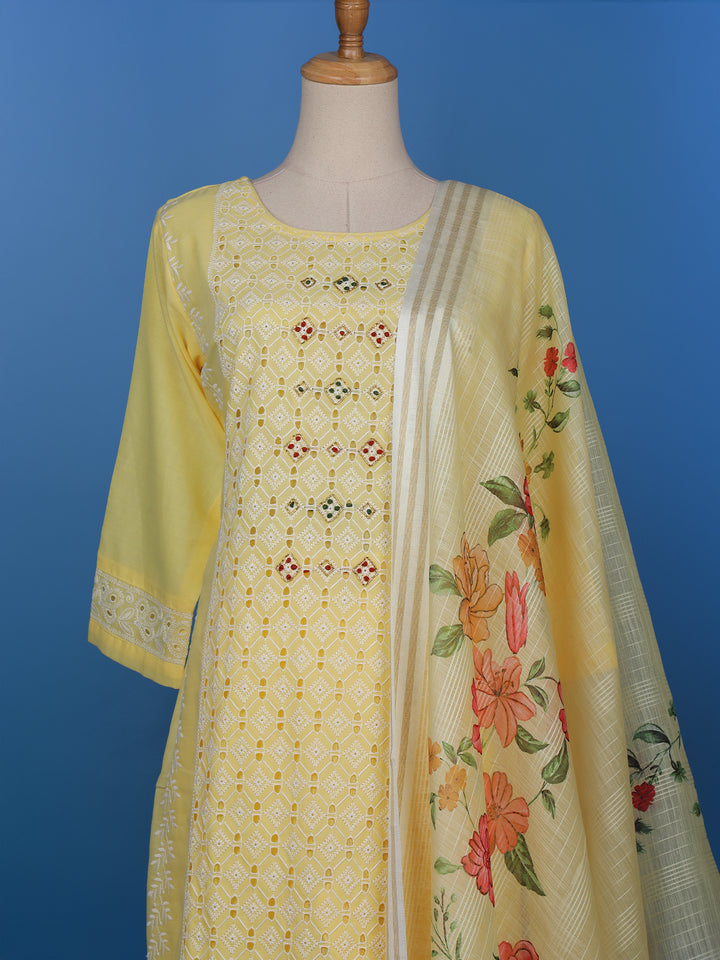 Yellow Floral Designed Cotton Salwar Suit - Diadem