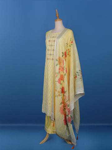Yellow Floral Designed Cotton Salwar Suit - Diadem