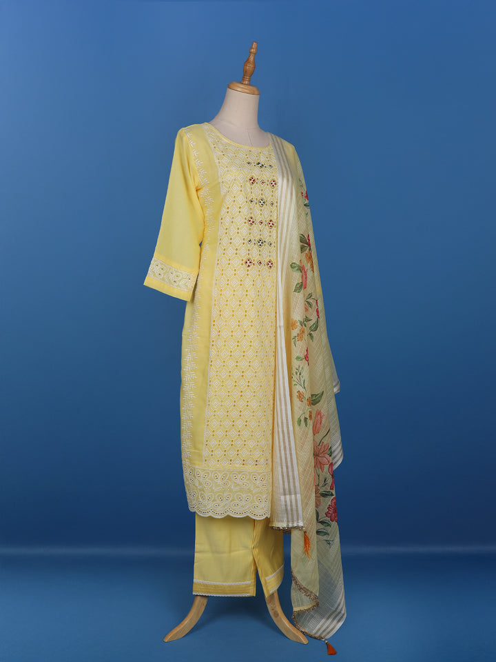Yellow Floral Designed Cotton Salwar Suit - Diadem