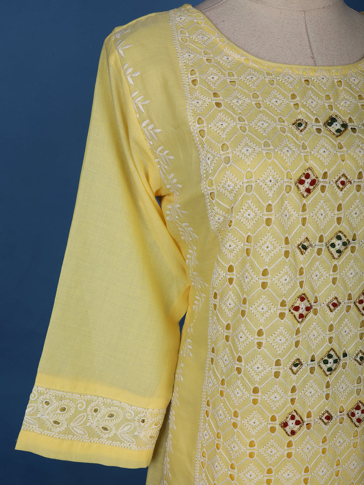 Yellow Floral Designed Cotton Salwar Suit - Diadem