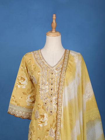 Yellow Floral Designed Cotton Salwar Suit - Diadem