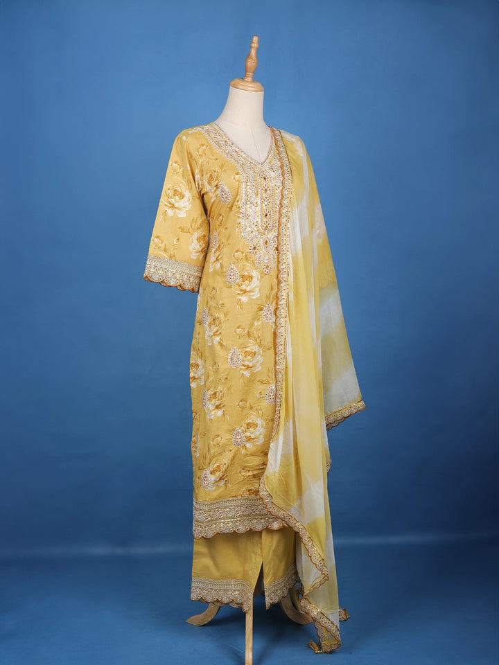 Yellow Floral Designed Cotton Salwar Suit - Diadem