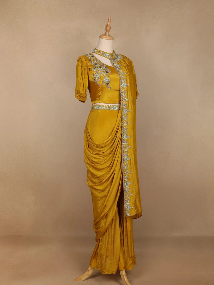 Yellow Floral Designed Crepe Sharara Salwar Suit - Diadem
