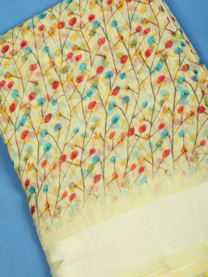 Yellow Floral Designed Fancy Cotton Saree - Diadem