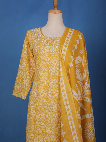 Yellow Floral Design Printed Cotton Salwar Suit - Diadem