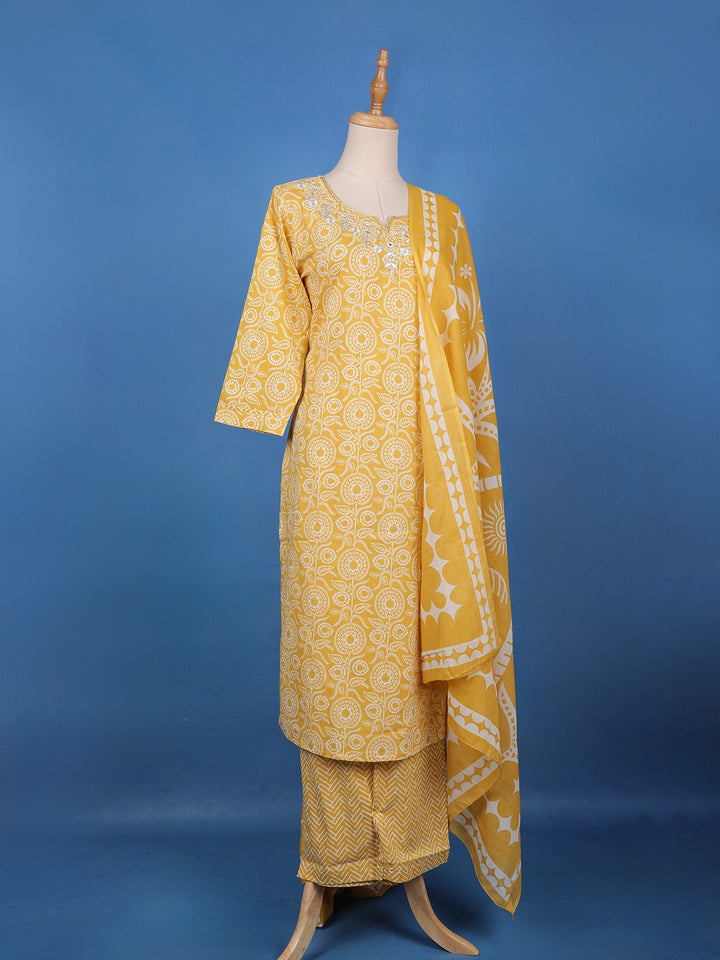 Yellow Floral Design Printed Cotton Salwar Suit - Diadem