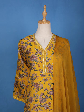 Yellow Floral Designed Raw Silk Salwar Suit - Diadem
