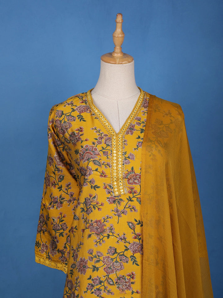 Yellow Floral Designed Raw Silk Salwar Suit - Diadem