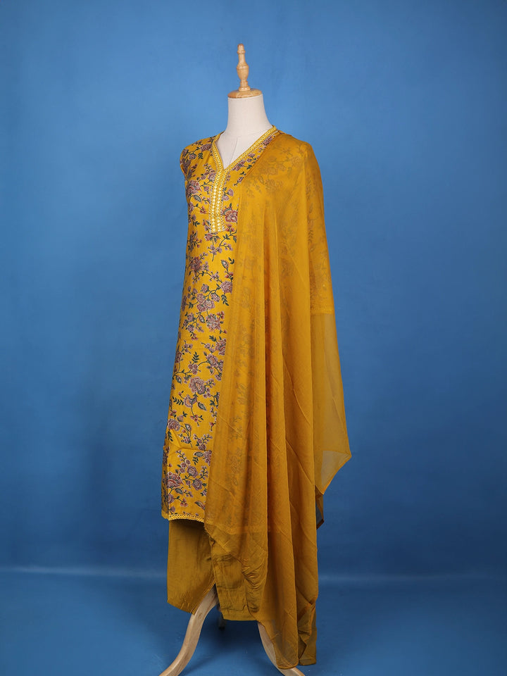 Yellow Floral Designed Raw Silk Salwar Suit - Diadem