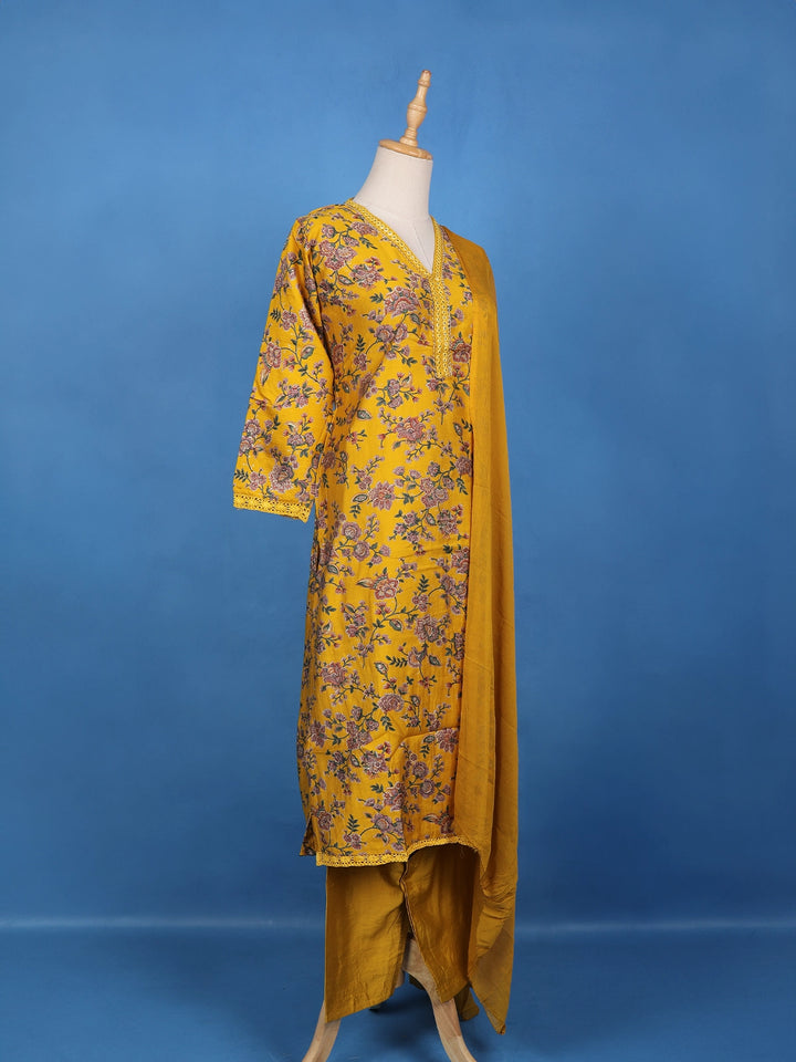 Yellow Floral Designed Raw Silk Salwar Suit - Diadem