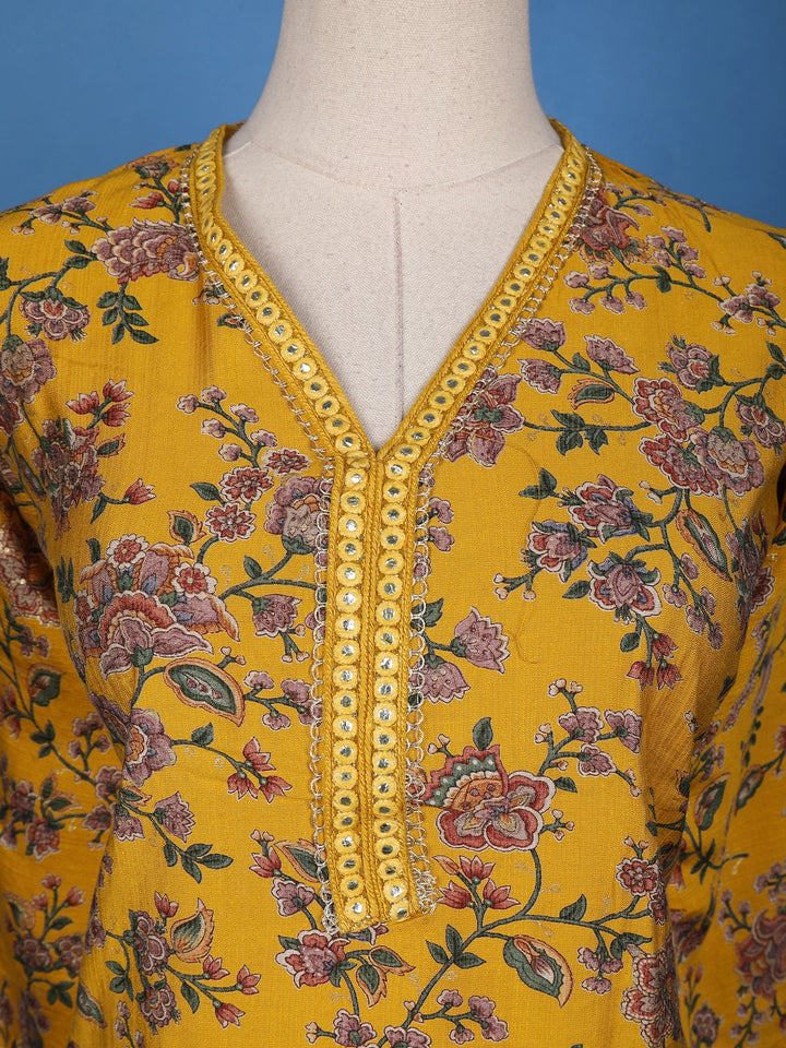 Yellow Floral Designed Raw Silk Salwar Suit - Diadem