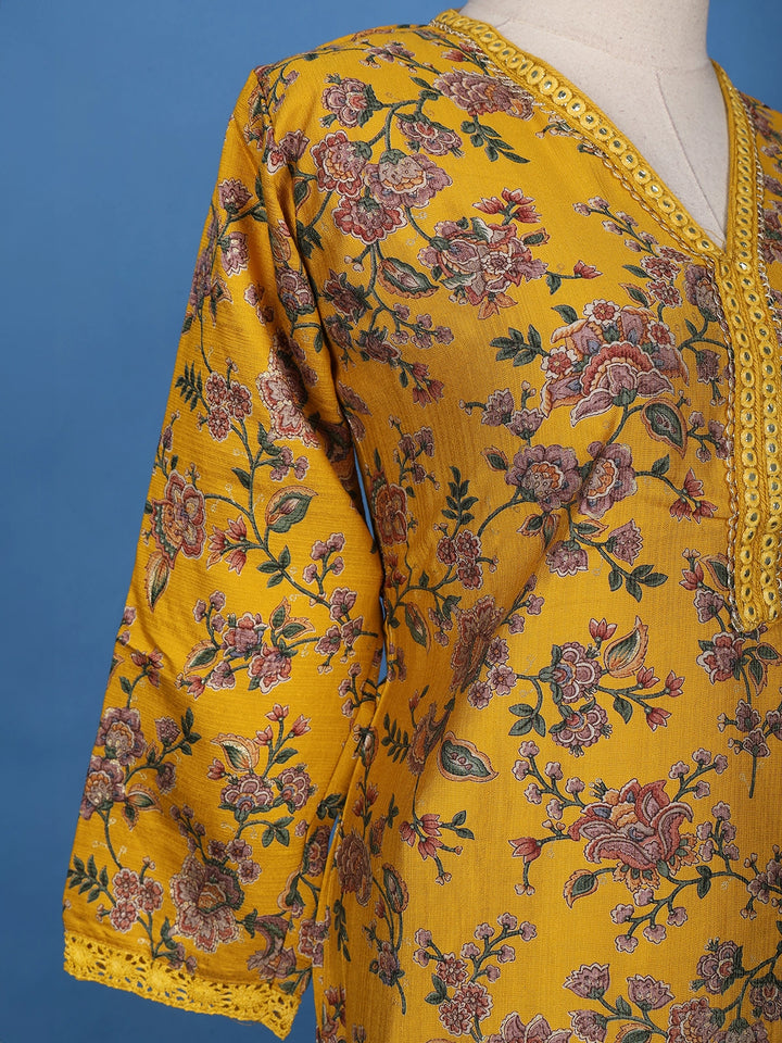 Yellow Floral Designed Raw Silk Salwar Suit - Diadem