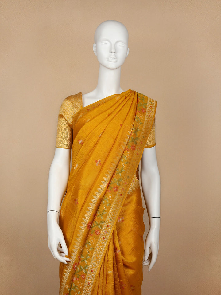 Yellow Floral Designed Raw Silk Saree - Diadem