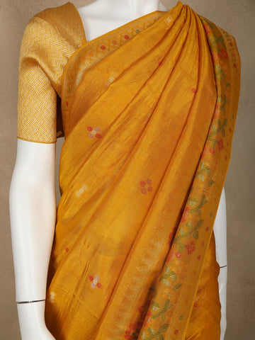 Yellow Floral Designed Raw Silk Saree - Diadem