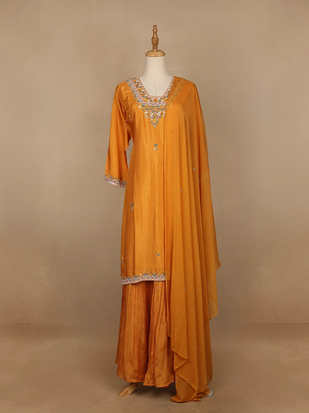 Yellow Floral Designed Semi Silk Sharara Salwar Suit