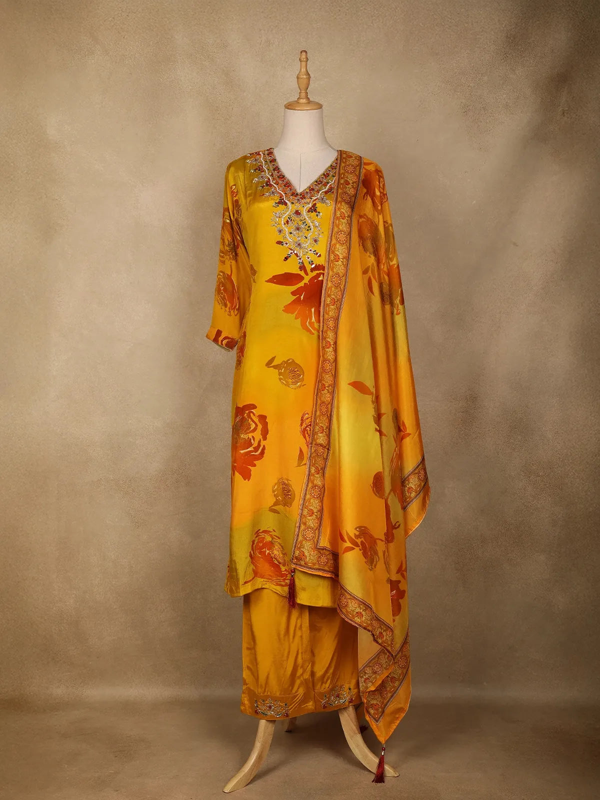 Yellow Floral Designed Semi Silk Straight Cut Salwar Suit - Diadem