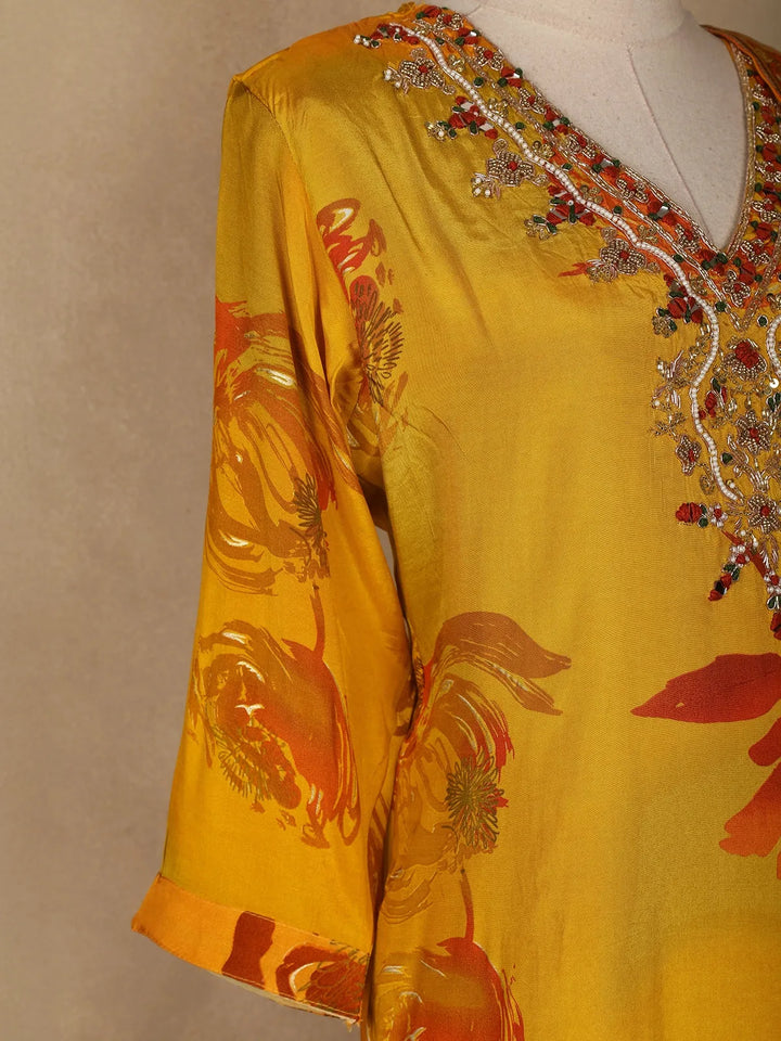 Yellow Floral Designed Semi Silk Straight Cut Salwar Suit - Diadem