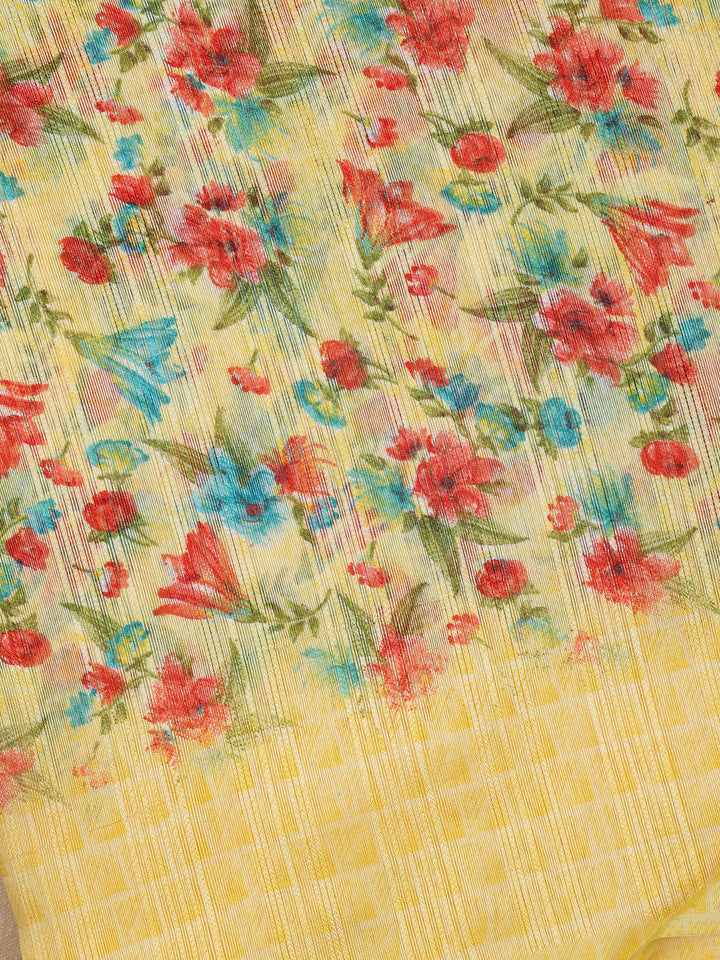 Yellow Floral Designed Fancy Cotton Saree - Diadem