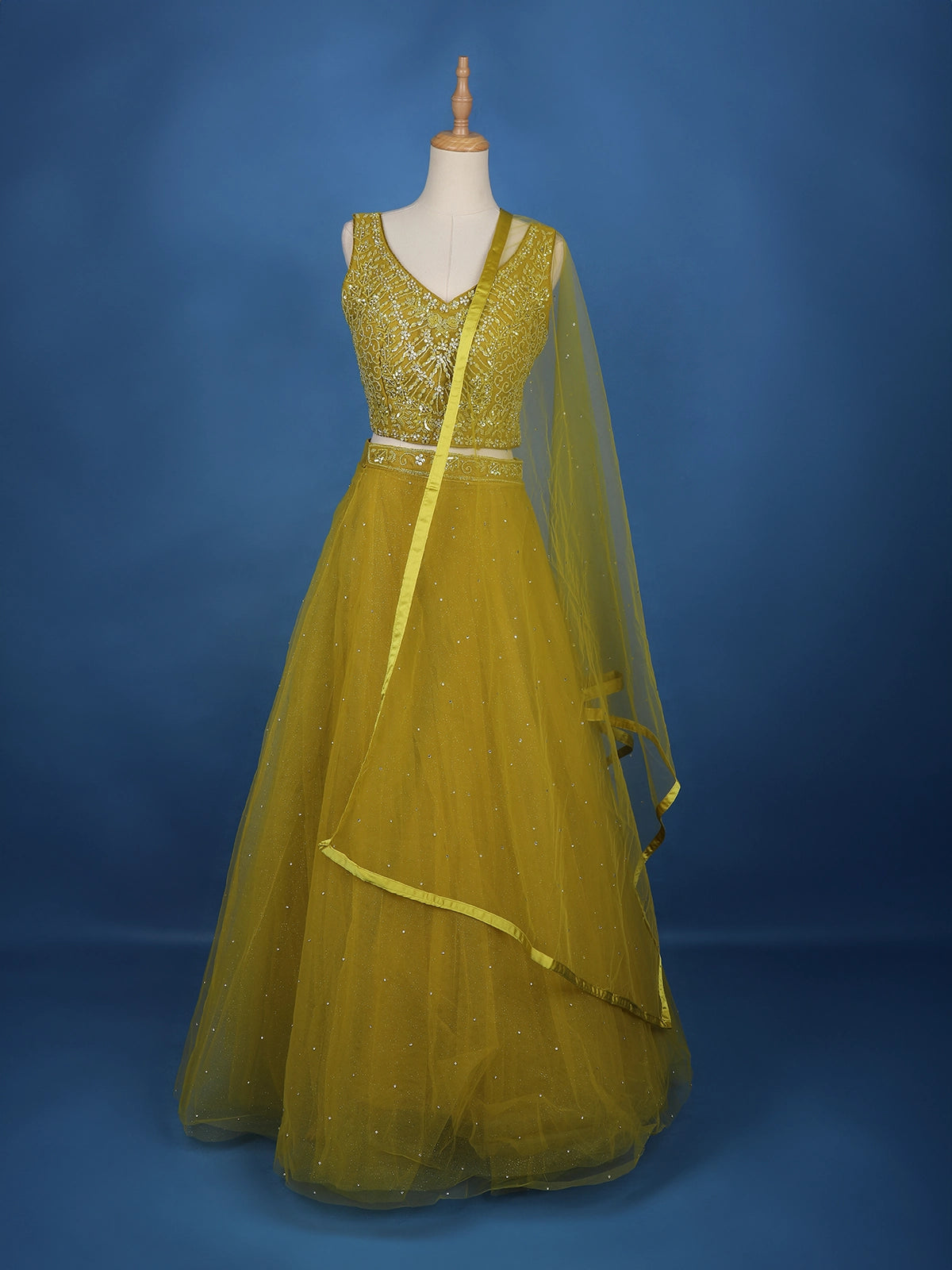 Yellow Floral Embroidered Net Lehenga for Bridesmaids - Diadem