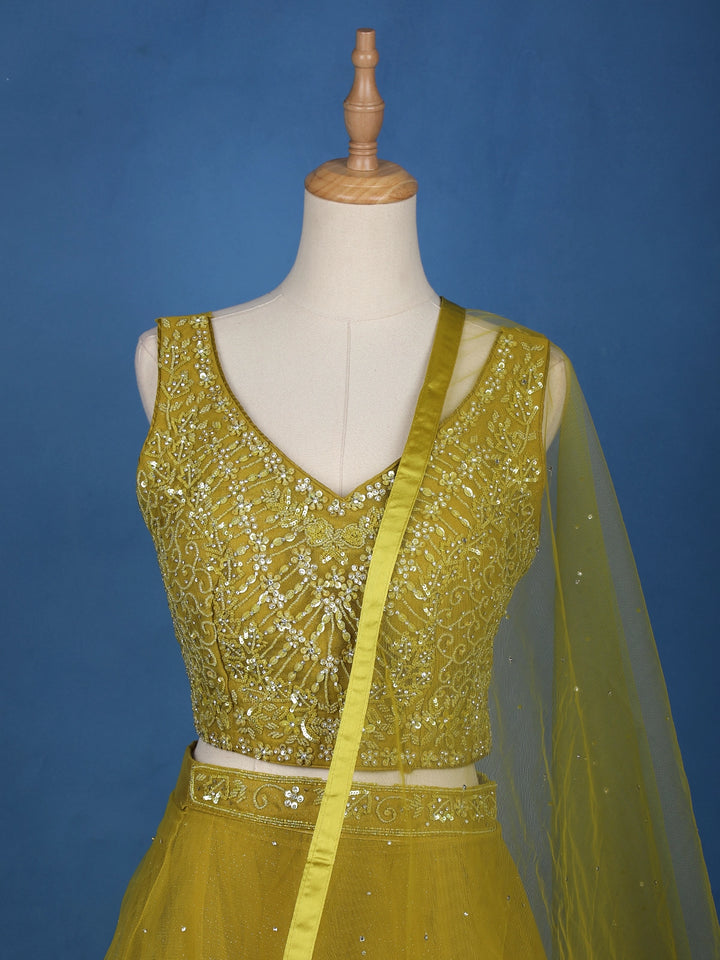 Yellow Floral Embroidered Net Lehenga for Bridesmaids - Diadem