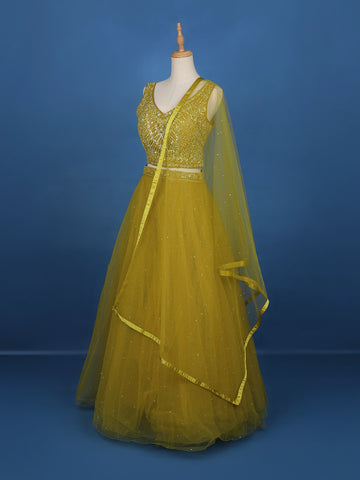 Yellow Floral Embroidered Net Lehenga for Bridesmaids - Diadem